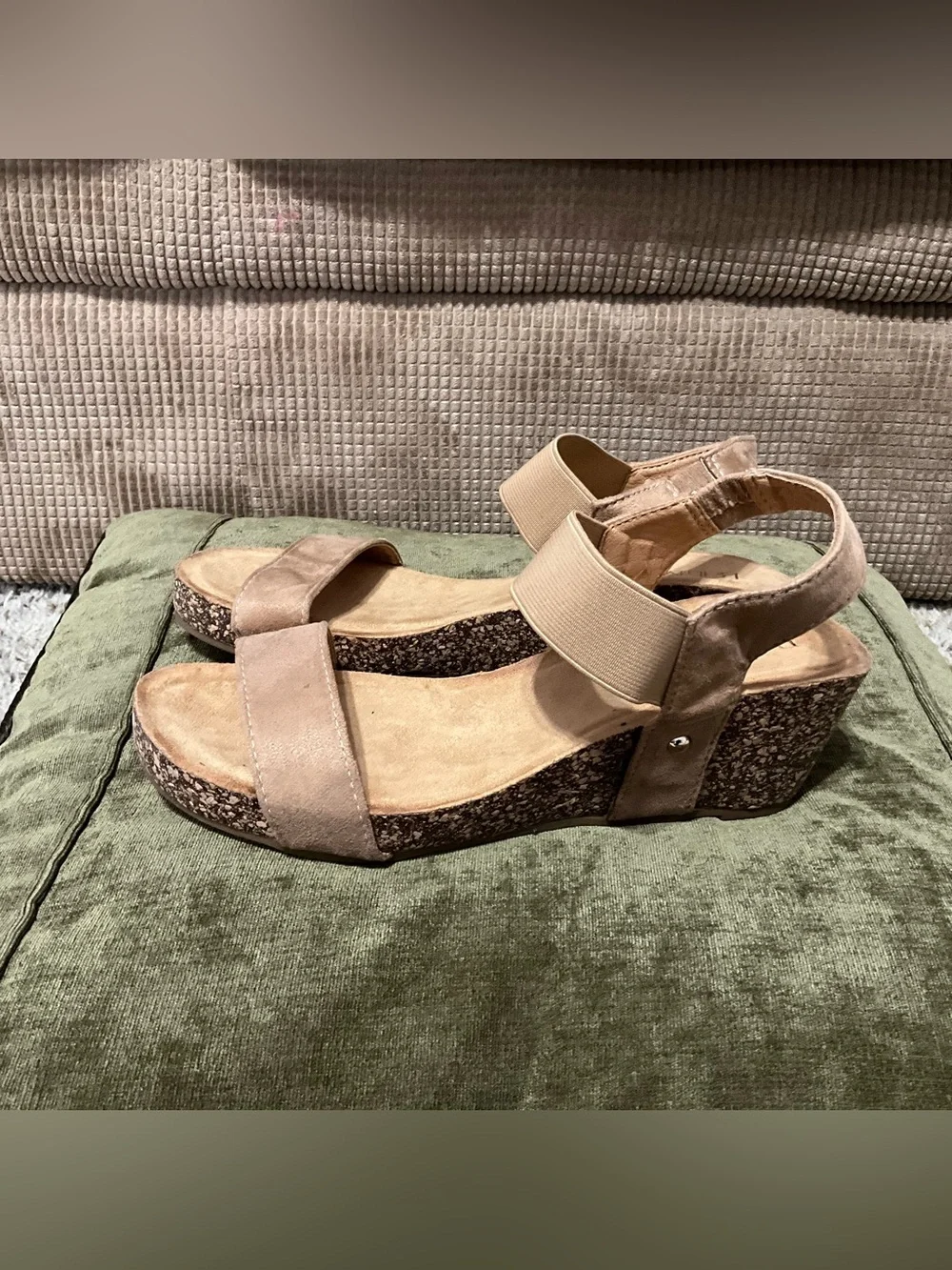 Neutral Taupe Suede Cork Wedge Sandals with Elastic Back